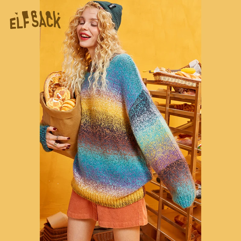 

ELFSACK Rainbow Color Striped Women Sweater.2019 Winter Fashion Sweet Gradient Ramp Knitted Tops Mohair Oversize Autumn Clothing