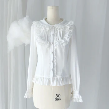 

Vintage Women Lolita Blouse Long sleeve Girls Student Gothic Ruffle Temperament Bottoming Undershirt Round neck Lace shirt Tops