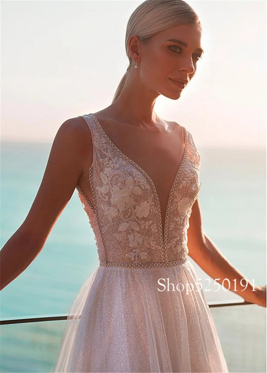 Winsome Tulle Sheer Глубокий v-образный вырез А-силуэт свадебное платье цвета шампанского Тюль Свадебное Платье Иллюзия сзади vestido de noiva renda