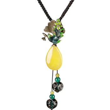 

Bright Yellow Water Drop Jade Pendant Bead Tassel Necklaces Sweater Chain Fashion Personality Simple Rope Chain Long Necklace