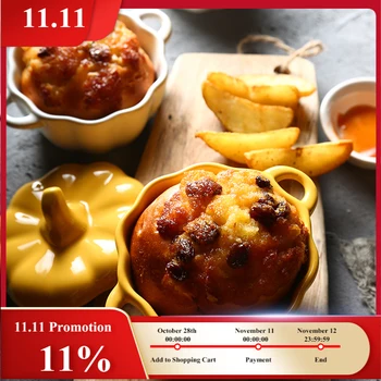 

Nordic Vintage Color Glaze Binaural Pumpkin Bowl With Lid Ceramic Stew Pot Creative Cake Dessert Salad Bowl Household Tableware