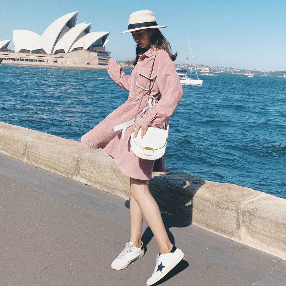 

France Non-mainstream WOMEN'S Dress 2019 Autumn New Style French Retro CHIC Wind Mid-length Corduroy Covered Edge Dress