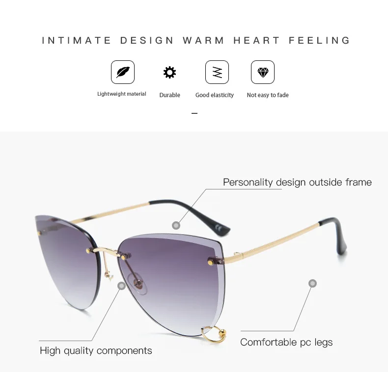 Cat Eye Round Sunglasses Designer Rimless Frames Color Lens Women Fashion 