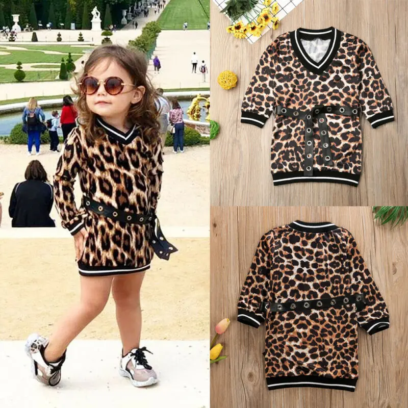 2Pcs Fashion Toddler Baby Girls Dresses Princess Leopard Print V-Neck Kid Outfits Long Sleeve T Shirt Top Dress+Belt Set Clothes | Детская