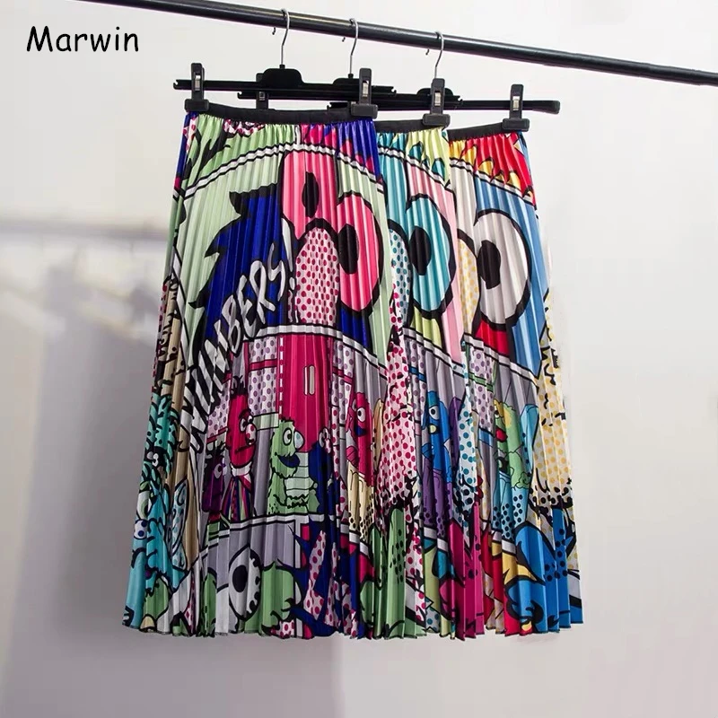 

Marwin 2019 Spring New-Coming Europen Cartoon Pattern High Elasticity Pleated skirt High Street Style A-line Mid-Calf Christmas
