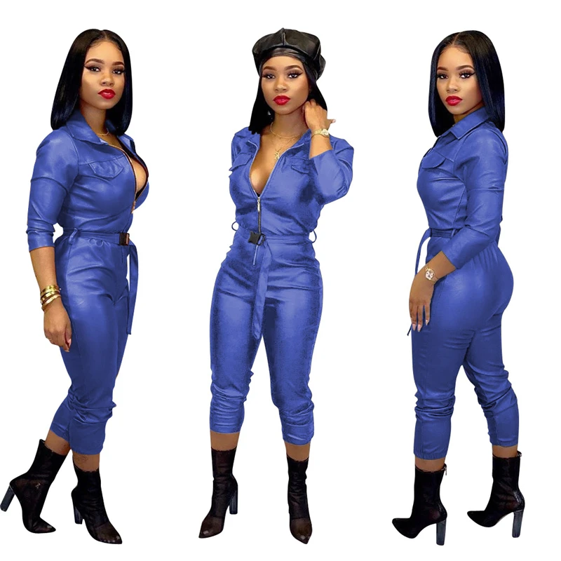 Adogirl Fashion Sexy Women PU Leather Jumpsuit Front Zipper Long Sleeve Skinny Romper with Adjustable Belt Female Club Overalls