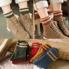 Винтажные шерстяные носки в японском стиле Харадзюку Модные женские зимние носки в полоску Теплые милые носки для девочек в духе колледжа