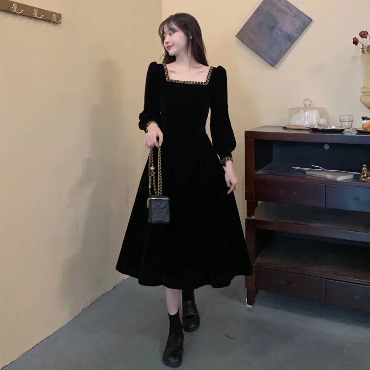 Long Sleeve Dress Women Solid Square Collar Lady Elegant All-match Fashion Design Spring New Mid-calf Daily Casual Korean Style dress shops