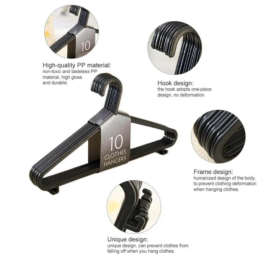 

10pcs Adult Clothing Hanger Black Plastic Portable Household Clothes Hanging Rack Dress Organizer Non-Slip Outdoor Dry Clothes
