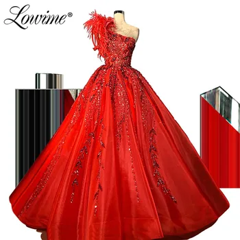

Red Evening Dress One Shoulder Feathers Special Occasion Party Gown Robe Soiree Islamic Dubai Kaftan Saudi Arabic Prom Dresses
