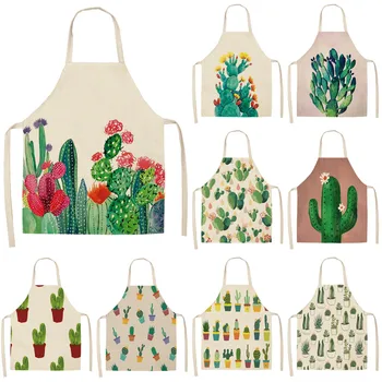 

1Pcs Cactus Pattern Kitchen Apron for Woman Sleeveless Cotton Linen Aprons Home Cooking Baking Bibs Cleaning Tools 53*65cm