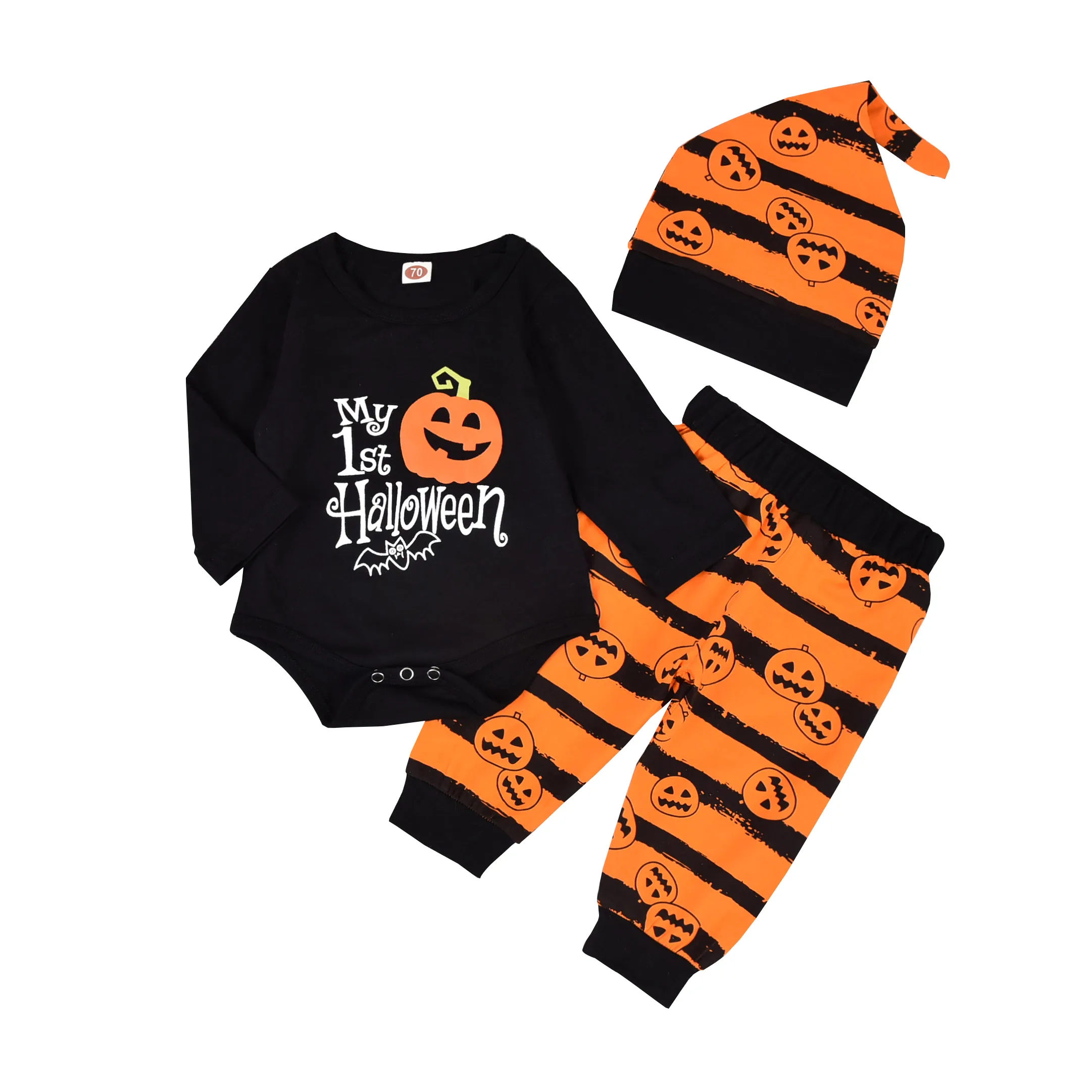 3 Pcs Toddler’s Halloween Costume, Black Long-Sleeves Rompers Top + Stripes Casual Pants + Hat Suit for Baby Boy girls 0-2 Years
