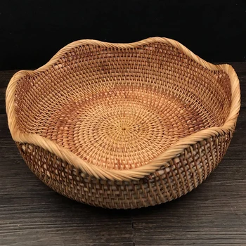 

Handmade Natural Rattan Weaving Basket Round Hollow Creative Storage Container For Fruit Food Bread Organizer