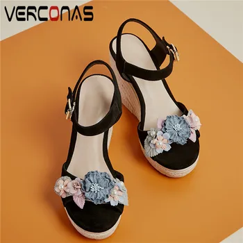 

VERCONAS Women Thick Bottom Pearl Flowers Lace Up High Quality Thick Heels Party Pumps Summer Sandals New Arrival Shoes Woman