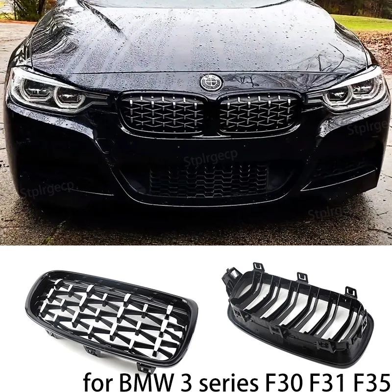 NEW Glossy Black Dual Slats Front Kidney Grille Chrome Diamond Grill