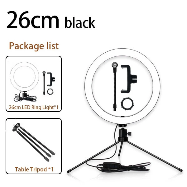 FULL-Tripod Phone Holder Clip with 26Cm LED Ring Light Camera Photography Annular Lamp Studio Ringlight for Makeup Video Live St