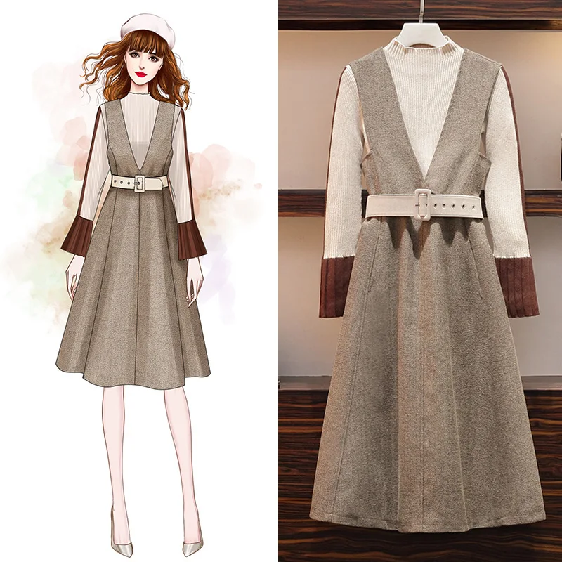 

Large Size Dress 2019 Autumn New Style Gentle Elegant Sweater + Full Body Dress Slimming Large GIRL'S Two-Piece Set