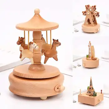 

New Carousel Musical Boxes Wooden Music Box Wood Crafts Retro Birthday Christmas Gift Vintage Home Decoration