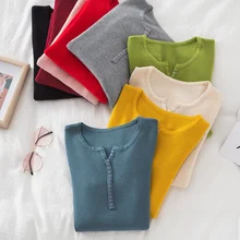 

Basic Button V Neck Slim Sweater Pullover Women Autumn winter Casual long Sleeve Sweater For women Female Chic Jumpers top