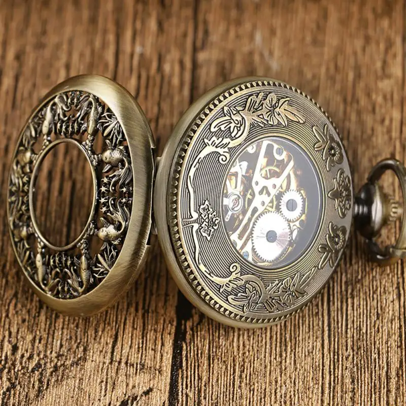 Bronze Hollow Fish Steampunk Hand-winding Mechanical Pocket Watch Pendant Fob Chain Clock for Women Men Gift Reloj De Bolsillo