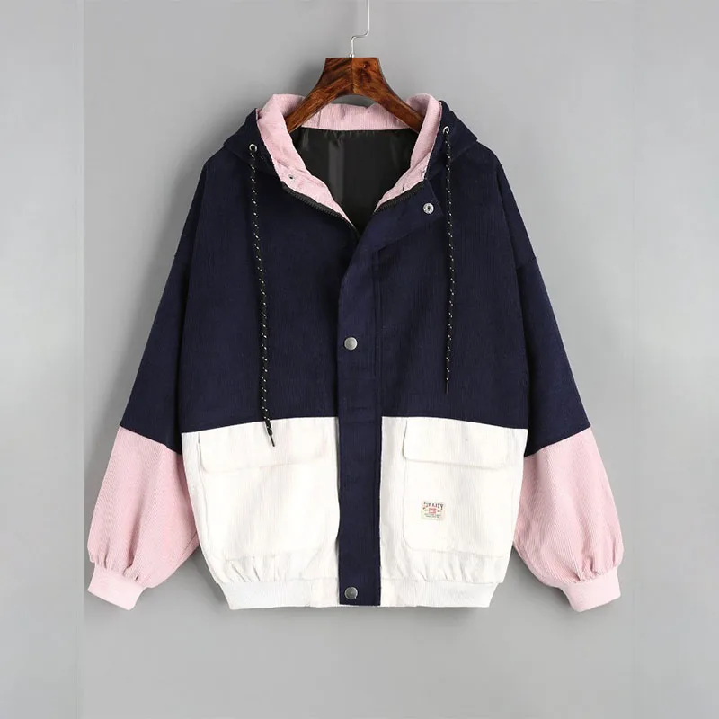 Зимняя теплая Вельветовая куртка с капюшоном цветными вставками популярный цвет