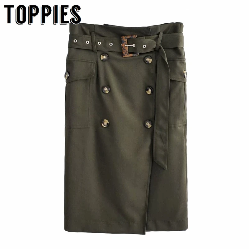 

2019 Autumn Army Green Skirts High Waist Pencil Skirts Woman Double Breasted Worker Style faldas
