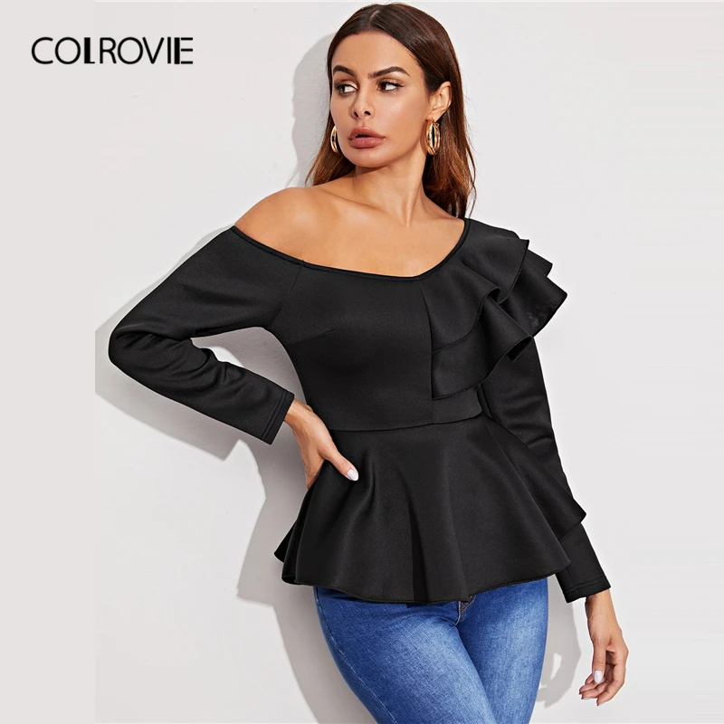 COLROVIE, черный многослойный Асимметричный топ с оборкой и баской на шее, женские Гламурные футболки, осень, уличная одежда, одноцветные облегающие Топы
