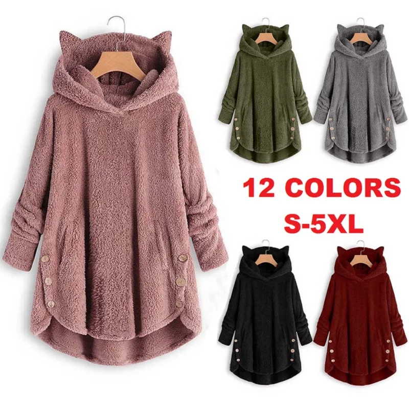 Cute Plush Coat Winter Harajuku Irregular Hem Fleece Warm Woman Teddy Kawaii Cats Ears Hooded Women Fluffy Jackets | Женская одежда