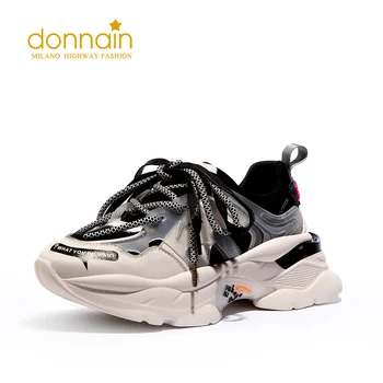

DONNAIN 2020 Casual Flats Shoes Women Genuine Leather Chunky Sneakers Mixed-colors Mid Heel Footwear Female Elastic Fabric Shoes