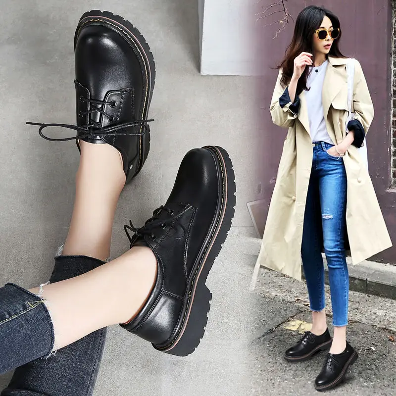 Women Oxford Shoes Leather Mary Jane Black Lolita Flats Fur Loafers Teen Girls School Big Size 43
