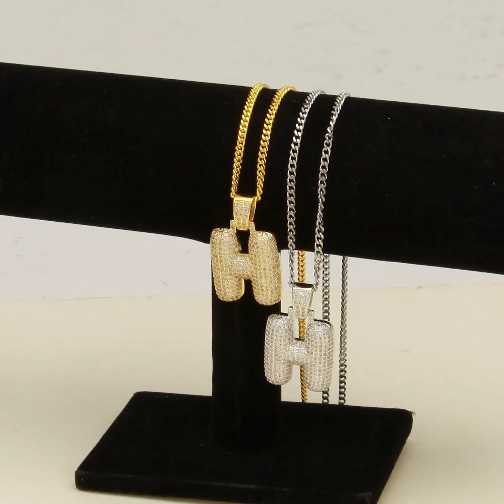 Большой размер Bling CZ пользовательский пузырьковый начальный кулон из букв медь A-Z начальный Кулон золото, розовое золото, Посеребренная Очаровательная Ожерелье
