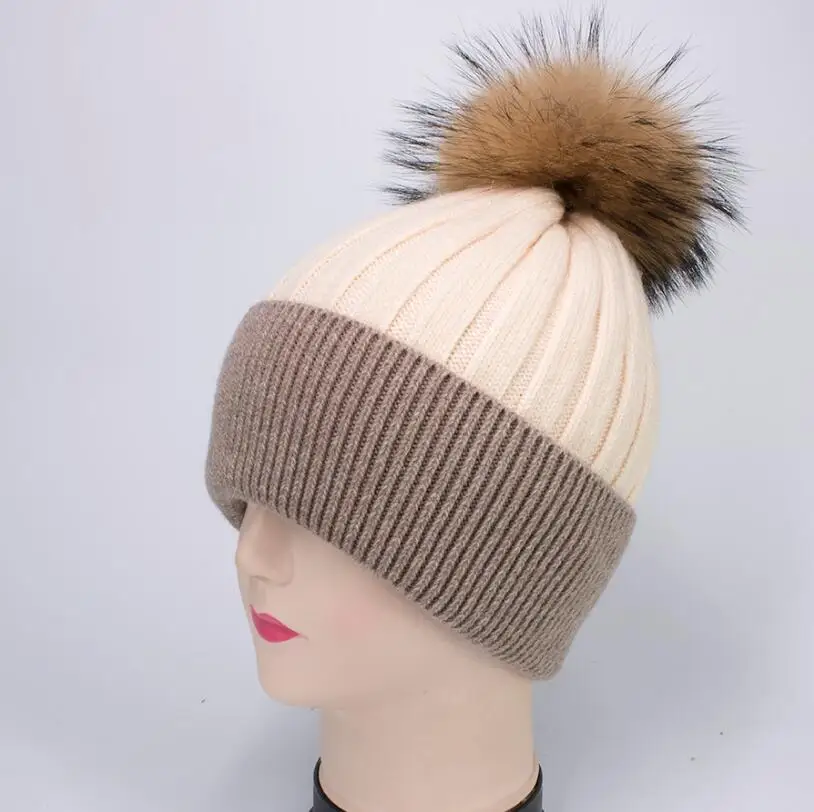 brown beige gold YC Fur, зимние шапки, шапка s для женщин, двойные цвета, вязаные шерстяные шапочки, Skullies, с меховым помпоном большого размера, женская шапка - Цвет: brown beige gold
