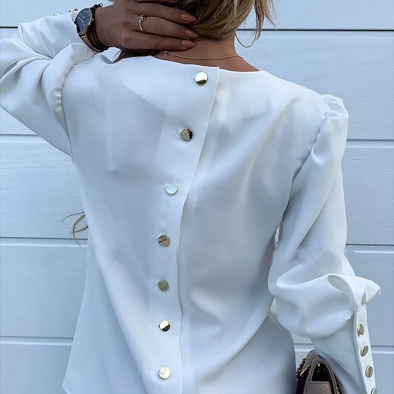 Однотонная рубашка с металлическими пуговицами, Женская офисная блузка с круглым вырезом и рукавами-фонариками, Повседневная модная женская рубашка
