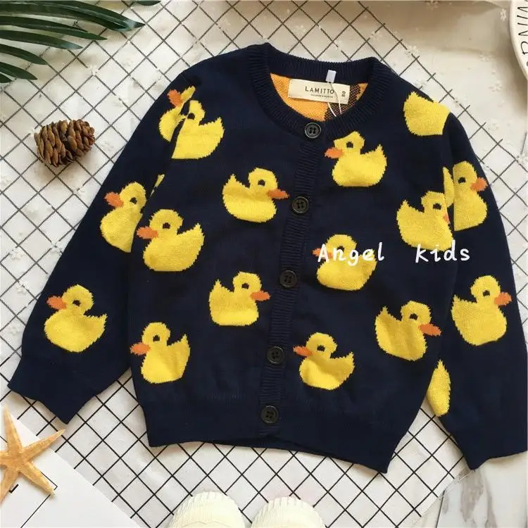 Tonytaobaby/Новинка зимы; Детский кардиган для мальчиков и девочек с изображением маленькой утки; вязаный плюшевый свитер из чистого хлопка