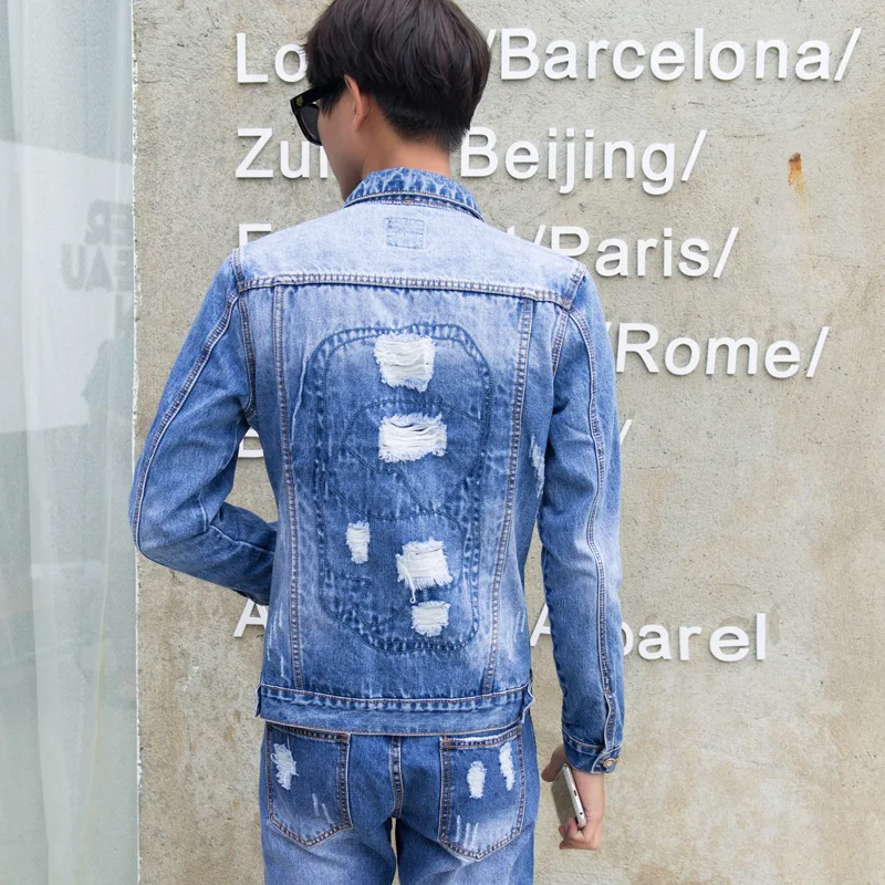 

2018 New Style with Holes Jeans Coat Men's Korean-style Trend Students Autumn Handsome Beggar Loose-Fit Jacket 8018