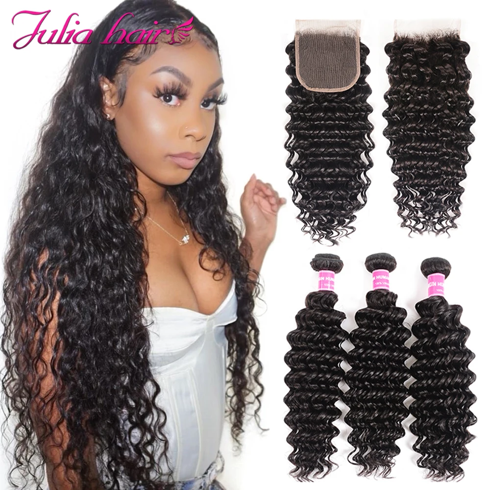Brazilian Deep Wave Bundles With Closure Remy Human Hair Bundles with Closure Pre Plucked Julia Lace Closure with Weave Bundles (1)