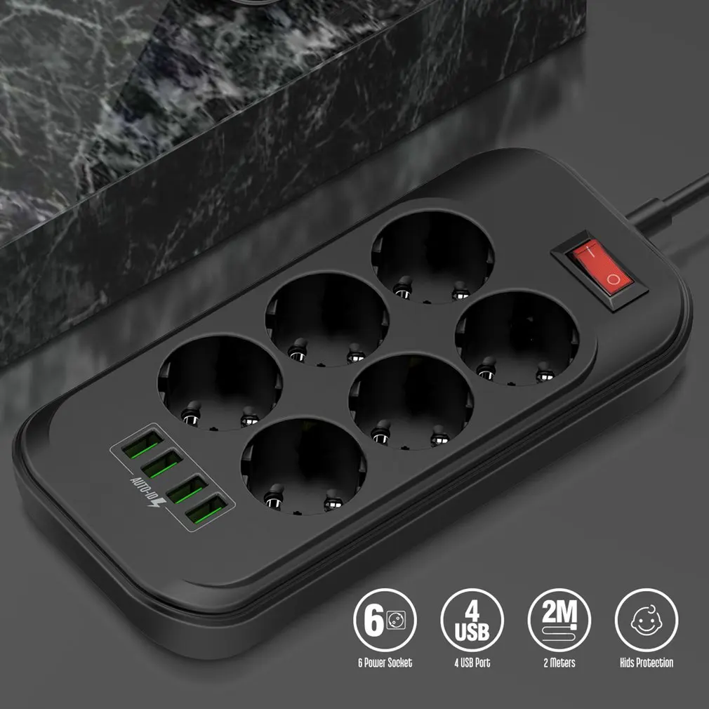 Сетевой фильтр с европейской вилкой USB-порт для зарядки 3 4 А USB-адаптера 6 розеток