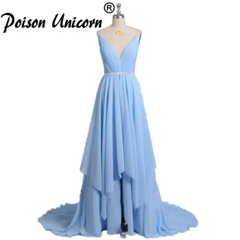 

Simple Pleat V-Neck Spaghetti Strap Wedding Dresses 2020 A Line Sexy Backless Split Sky Blue Chiffon Beach Bridal Gown mariage