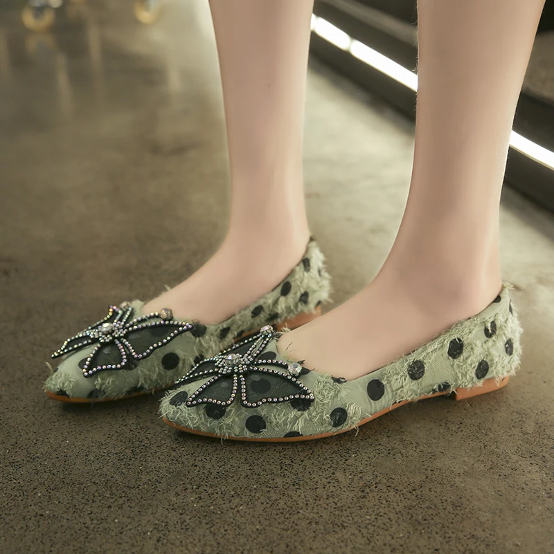 

2020 Elegant Fashion Women Flat Ballet Shoes Bling Crystal Bow Tie Pointed Toe Flat Shoes Lady Shiny Flat U19-45