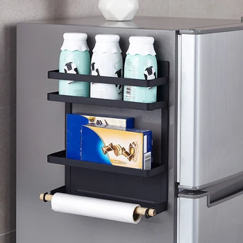 

2 Tier Metal Kitchen Rack Magnetic Fridge Organizer Spice Rack Paper Towel Roll Holder Refrigerator Storage Shelf Door Hang Rack