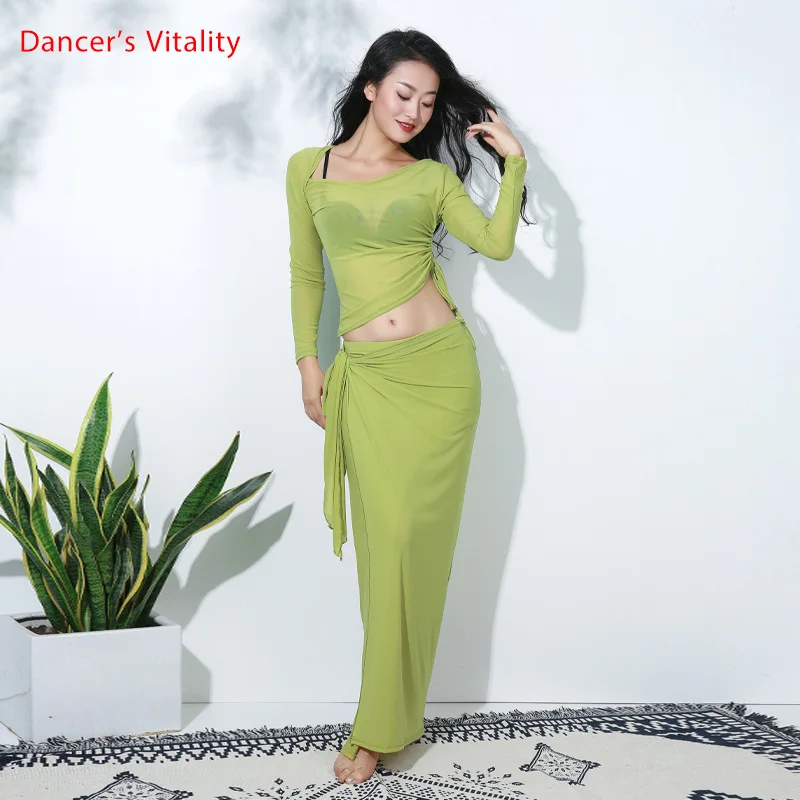 4 цвета, сетчатый сексуальный прозрачный женский костюм для танца живота, 2 предмета, длинная юбка, одежда для занятий танцором, одежда для командного танца, одежда для восточных танцев