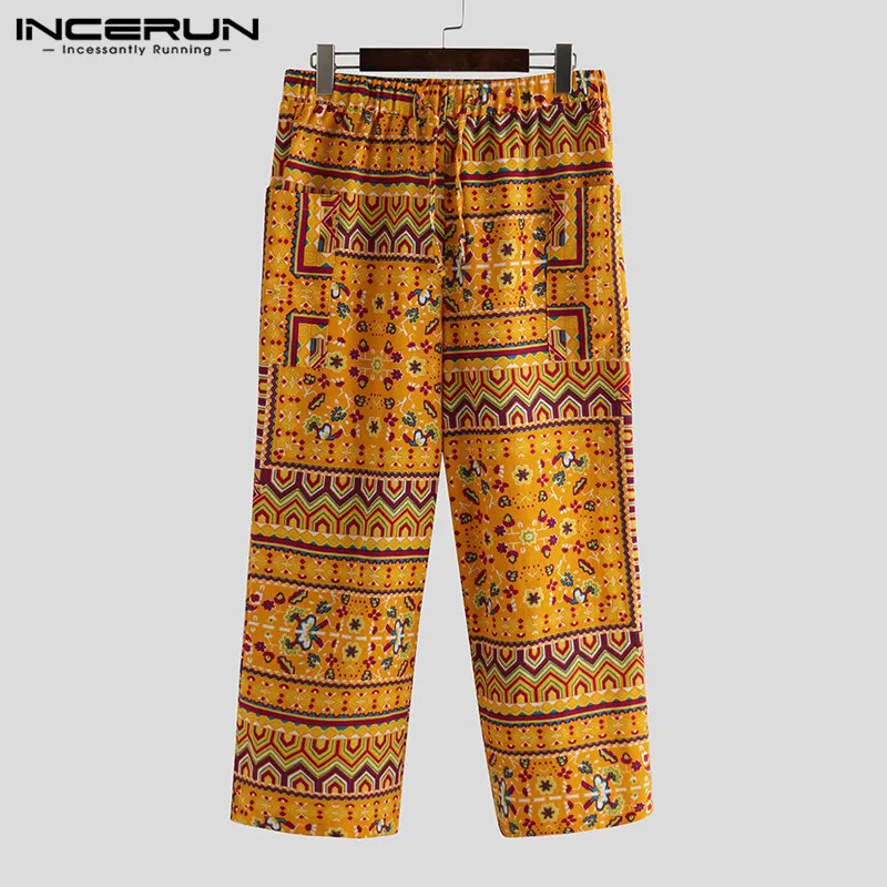 Yellow Pants INCERUN/мужские брюки с принтом в этническом стиле; хлопковые брюки для бега на завязках; свободные брюки в стиле ретро; повседневные уличные брюки; Hombre - Цвет: Yellow Pants