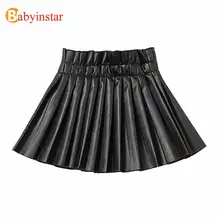 Cheap Babyinstar New Arrival Toddler Children's Clothing Kids PU Leather Black Skirts for Baby Girls Casual Pleated Skirt Outfit