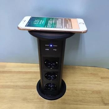 

QI Wireless Fast Charger+Multi-function Motorized Pop up Smart Desktop Power Socket 3 EU Power Outlets+2 USB Ports Black/Silver