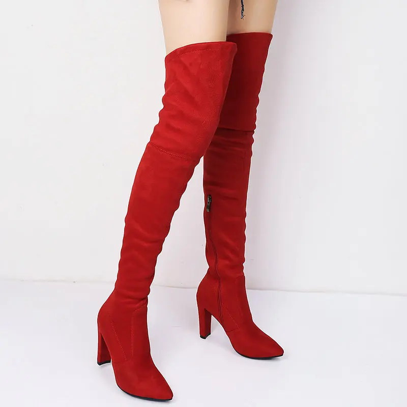 

Women boots Faux Suede Square High Heel Over The Boots Pointed Toe Zipper Autumn Winter Long Boots Ladies Shoes 2019