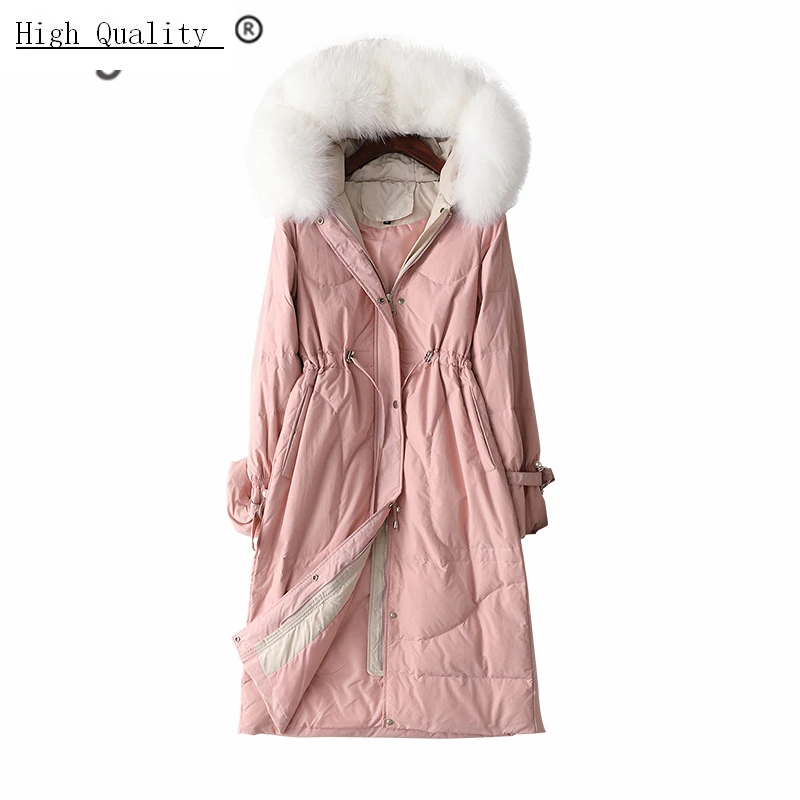 

Thick Warm Women's Down Jacket + Large Fox Fur Hodded Korean Winter Pink Duck Down Coat Laides Long Overcoat Hiver LR2182