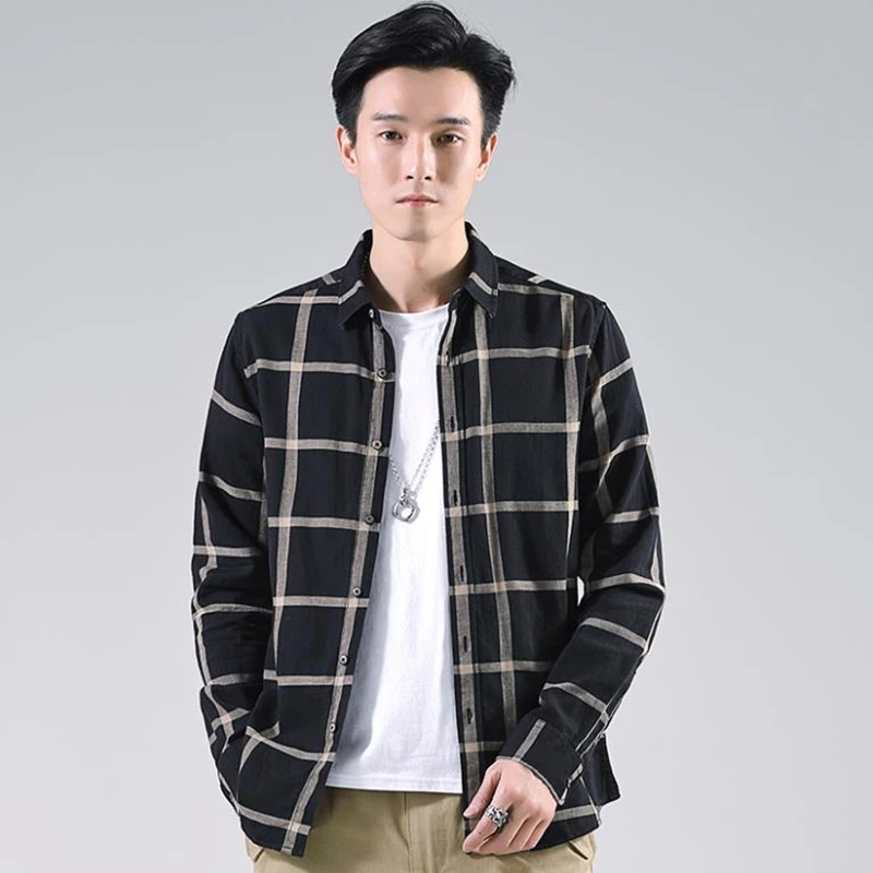 

Spring and Autumn Men's Shirts New Large Chequered Recreational Long Sleeve Shirts