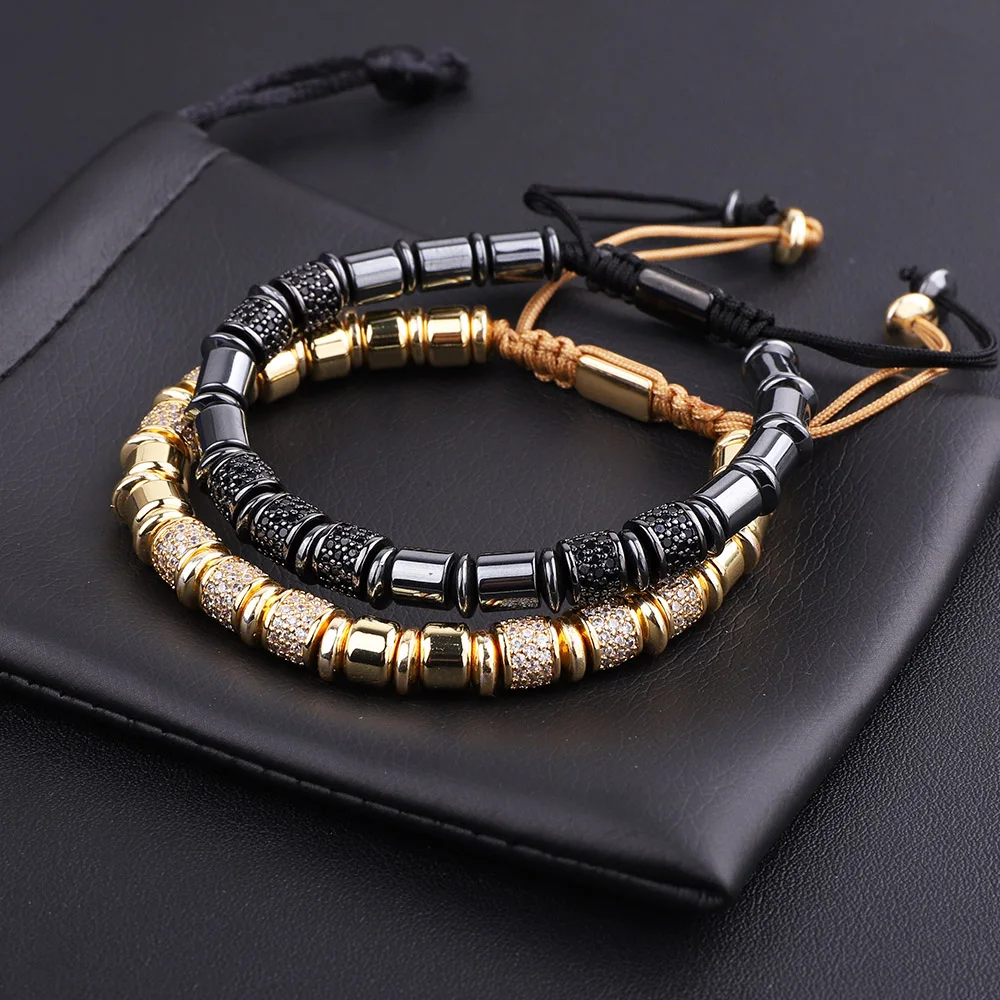 High Quality Luxury Men Jewelry Bracelet CZ Tube Gold Color Beaded Macrame Bracelet Men Women