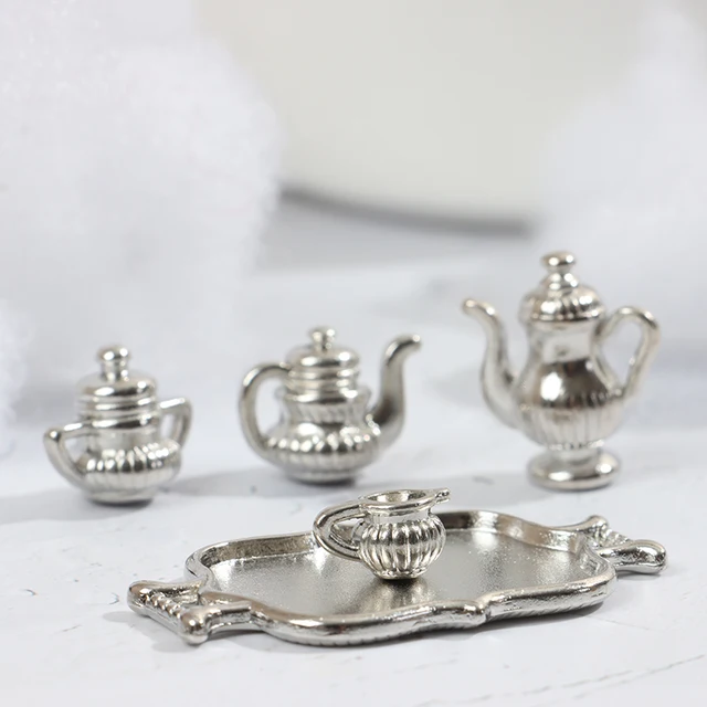 New 5pcs/Set 1:12 Dollhouse Miniature Metal Kitchen Tea Set Pot Flagon Plate Model  For Dollhouse Decoration 1