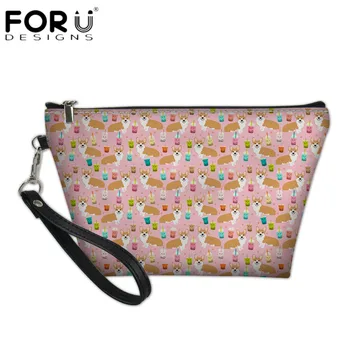 

FORUDESIGNS New Arrival Gift Women Make Up Bag Cute Dog Corgi Print Kawaii Pink Organizer for Cosmetics Pouch Lady PU Clutch Bag
